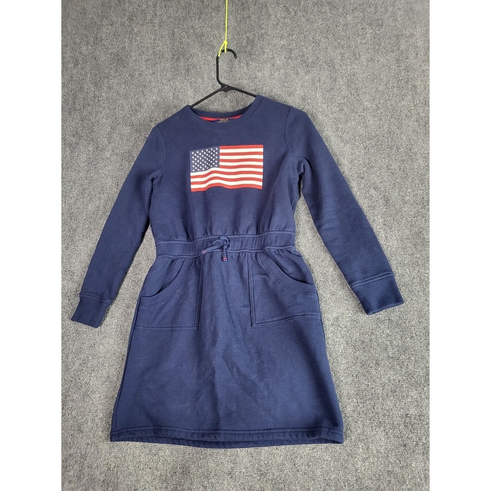 Polo Ralph Lauren Kids L 12-14 American Flag Dress Navy Blue Long Sleeve Pockets